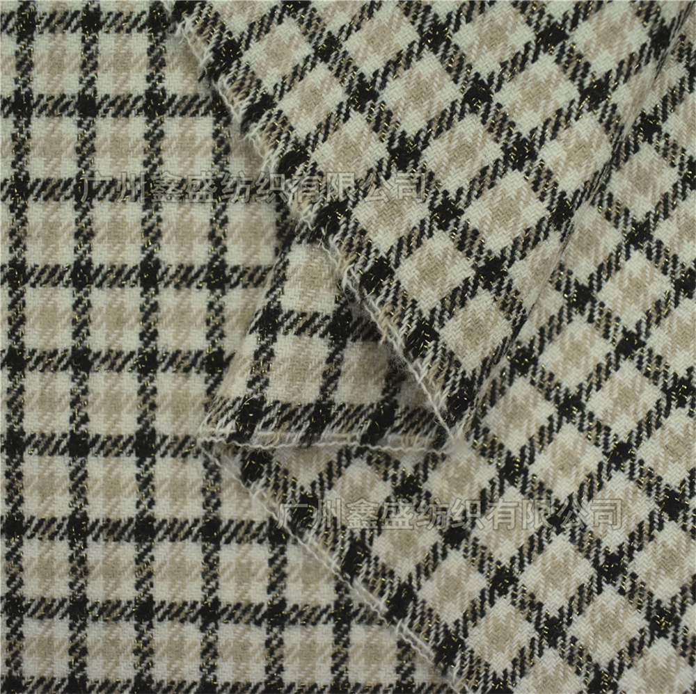 加厚法兰绒彩色小千鸟格时装格毛呢面料秋冬粗纺羊毛银丝格w82812