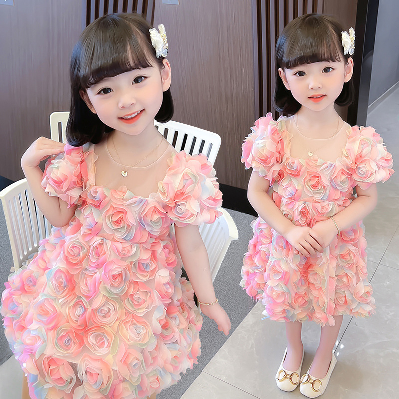 儿童夏季新款连衣裙2024小女孩儿彩色立体花朵公主蕾丝裙生日礼服
