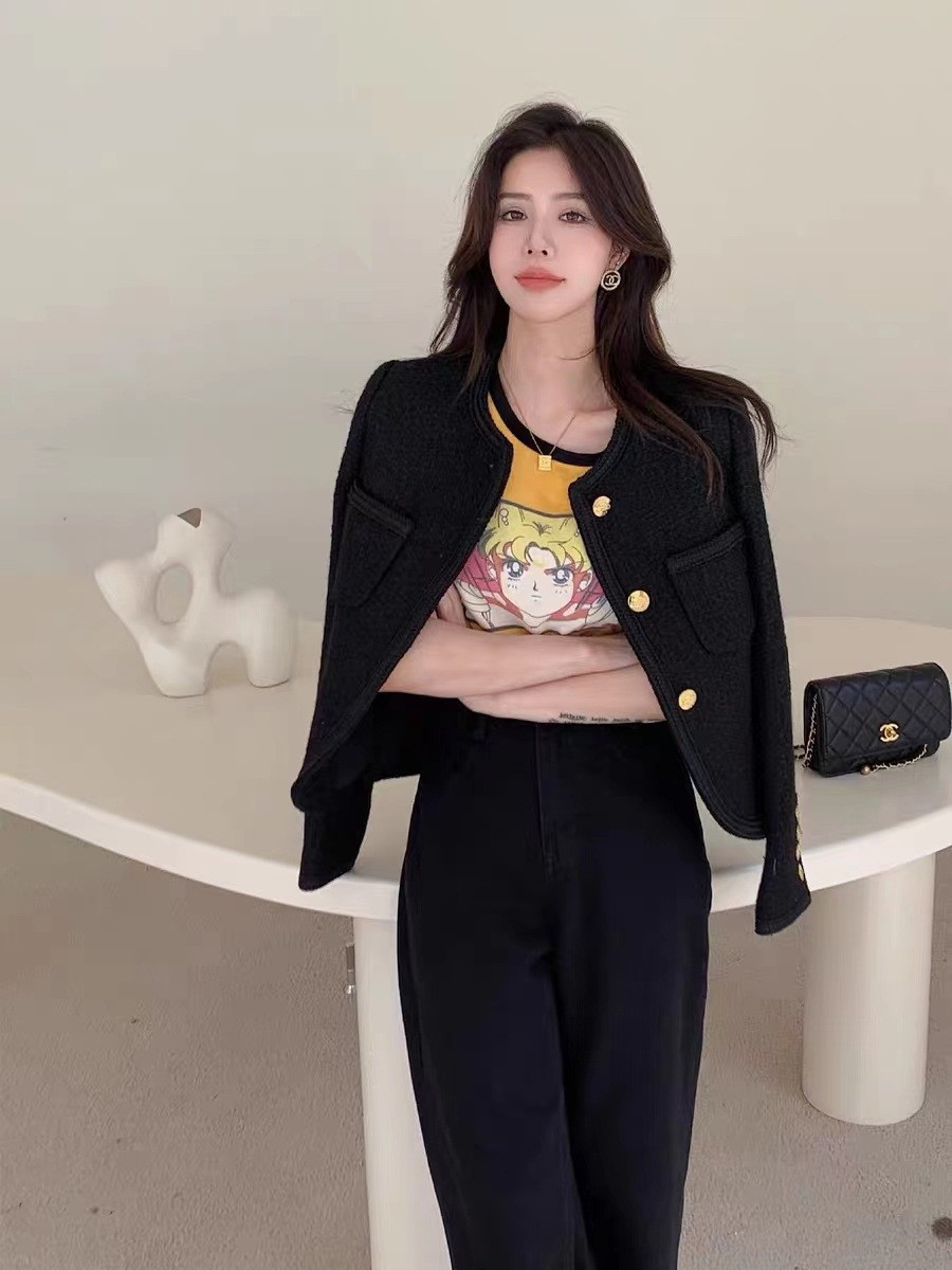 明星杨幂同款黑金高级感羊毛粗花呢小香风外套小个子秋季短款上衣