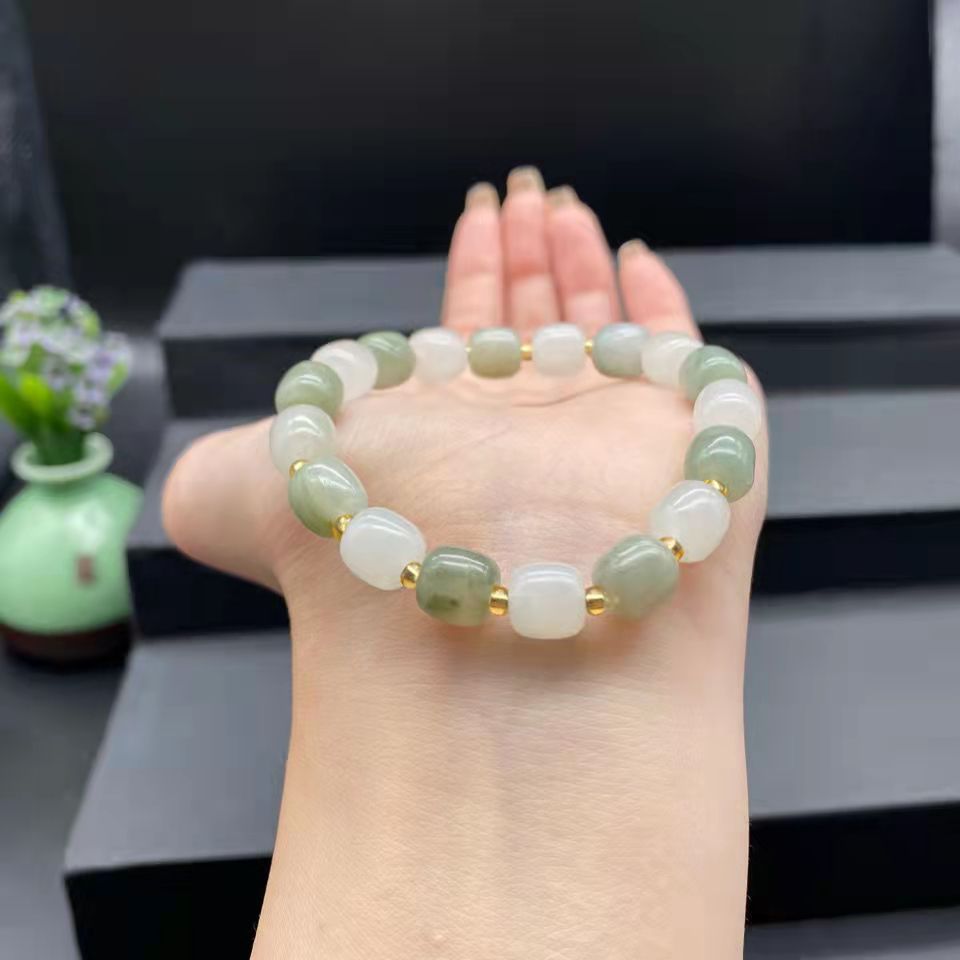 天山翠手链冰透金丝玉老型珠手串 玉石飘翠圆珠手链直播福利饰品