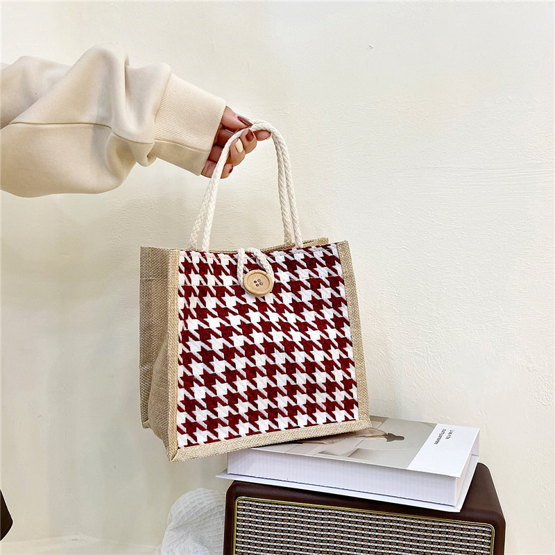 New Cotton Linen Handbag Women Tote Bag Large Capacity Durable Shopping Bag Fashion Houndstooth Student Lunch Bag