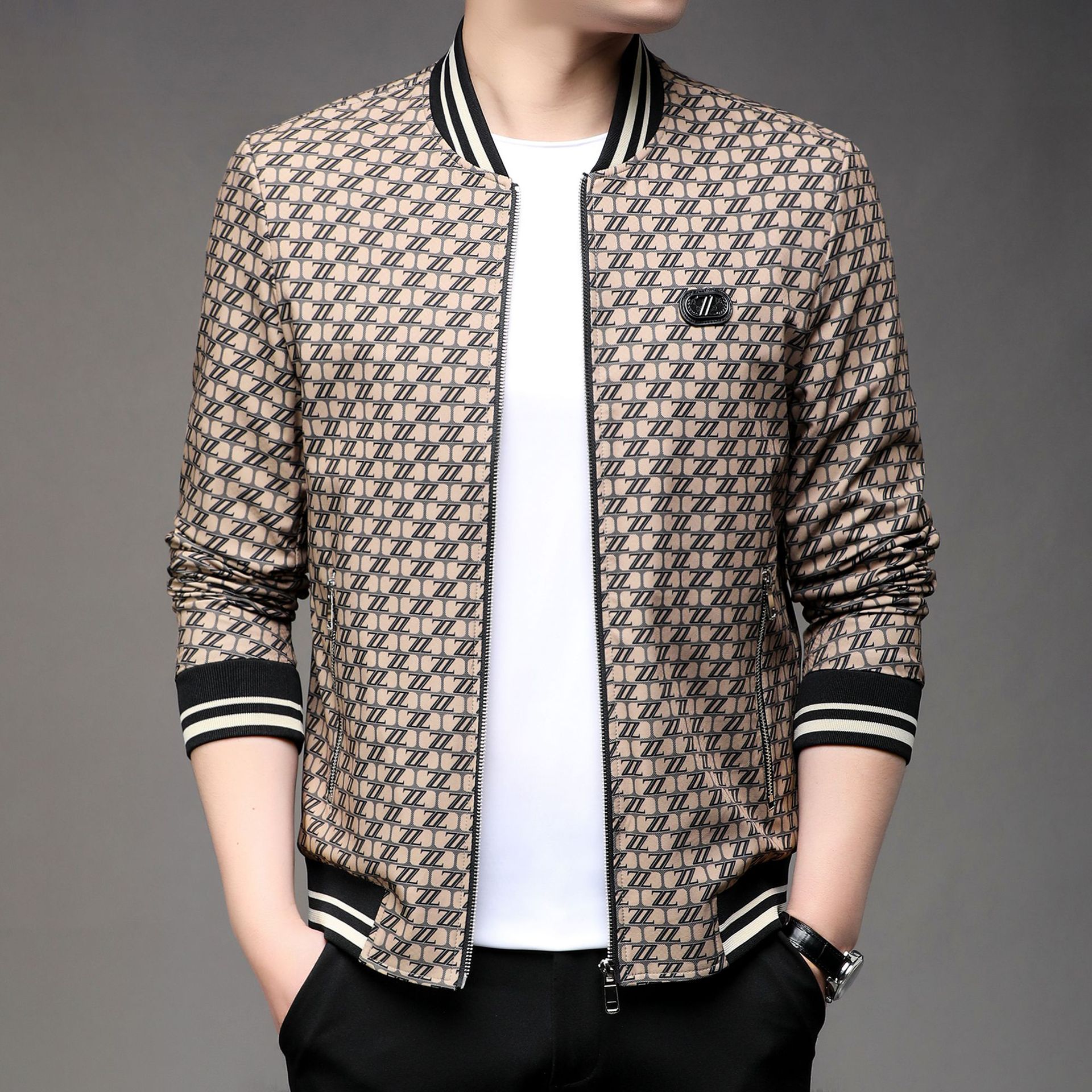 2024春季新款夹克男士潮牌碎花常规款外套中青年男装时尚休闲立领