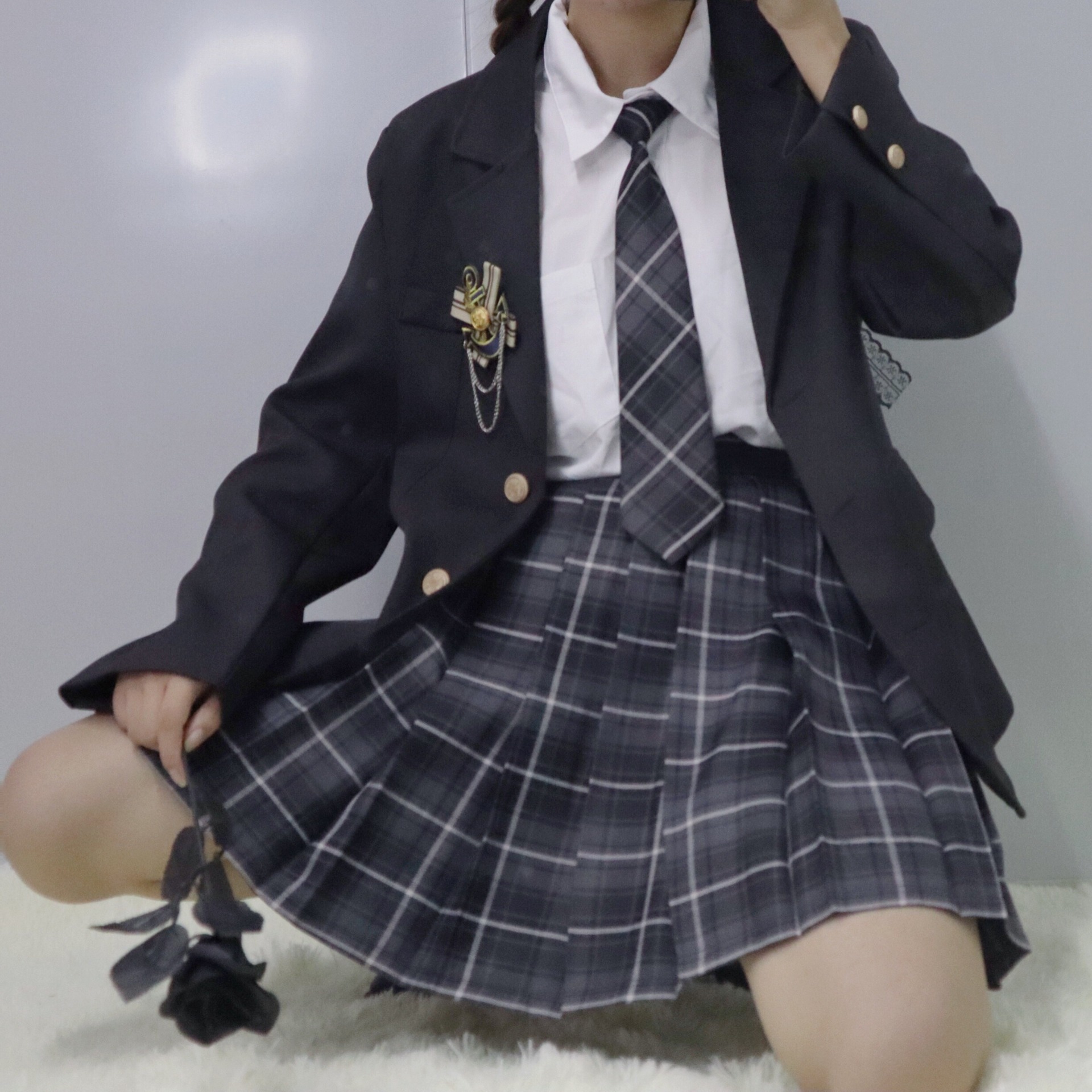 原创jk制服长款西装外套女黑色西服徽章秋冬百搭学院风套装 3粒扣