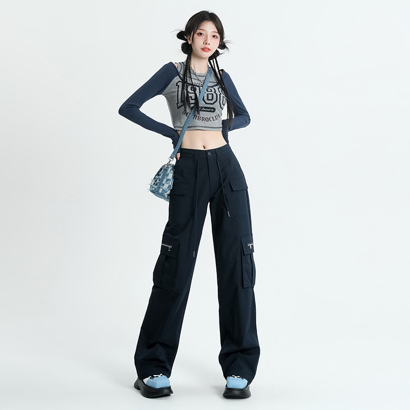 Navy Blue American Overalls Women's Spring and Autumn 2023 New Straight Loose High Waist Slimming Wide Leg Leisure Pants