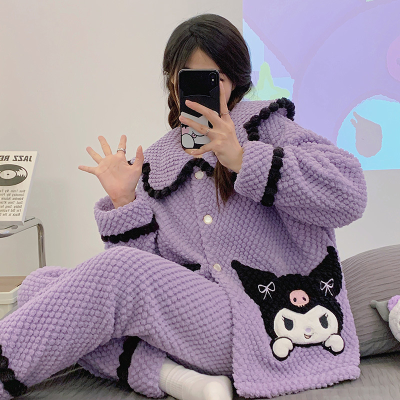 Coral Velvet Pajamas Women's Autumn and Winter New Cute Cartoon Fleece-lined Thickened Outerwear Flannel Home Wear Wholesale