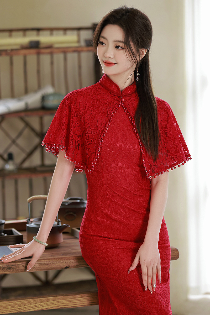 旗袍敬酒服新娘夏季酒红色结婚订婚礼服连衣裙回门中式短款蕾丝女