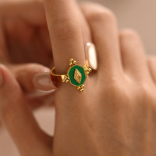 欧美时尚几何绿色滴油不锈钢戒指个性简约四边形钛钢指环女士批发