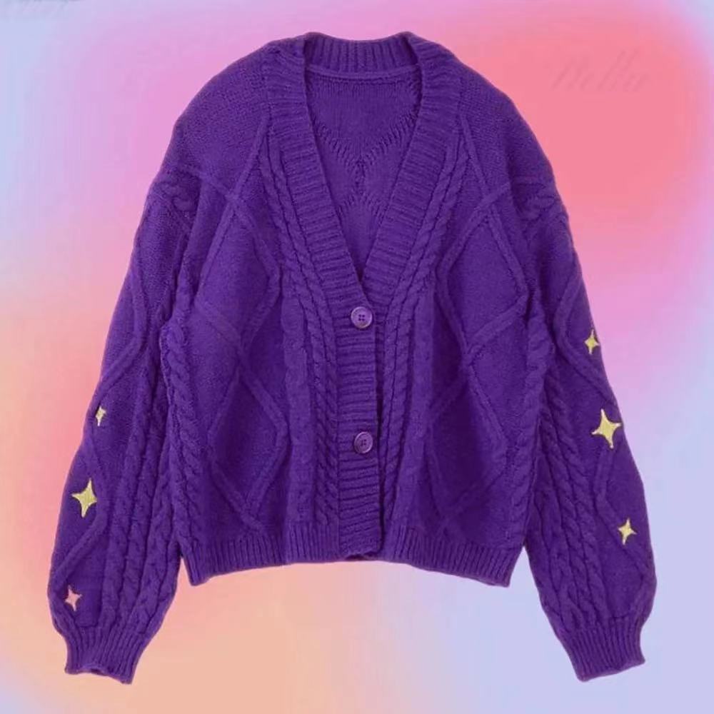秋冬新款紫色毛衣开衫外套跨境欧美单排扣星星刺绣休闲针织衫上衣