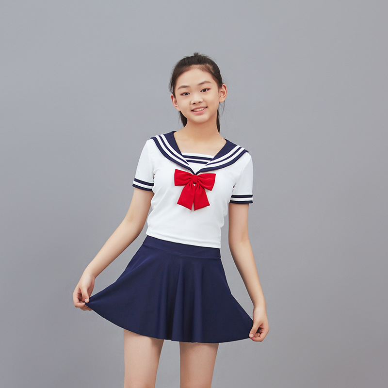 2023新款小金鱼儿童泳衣 海军风蝴蝶结分体平角裤裙式大童泳装女货号