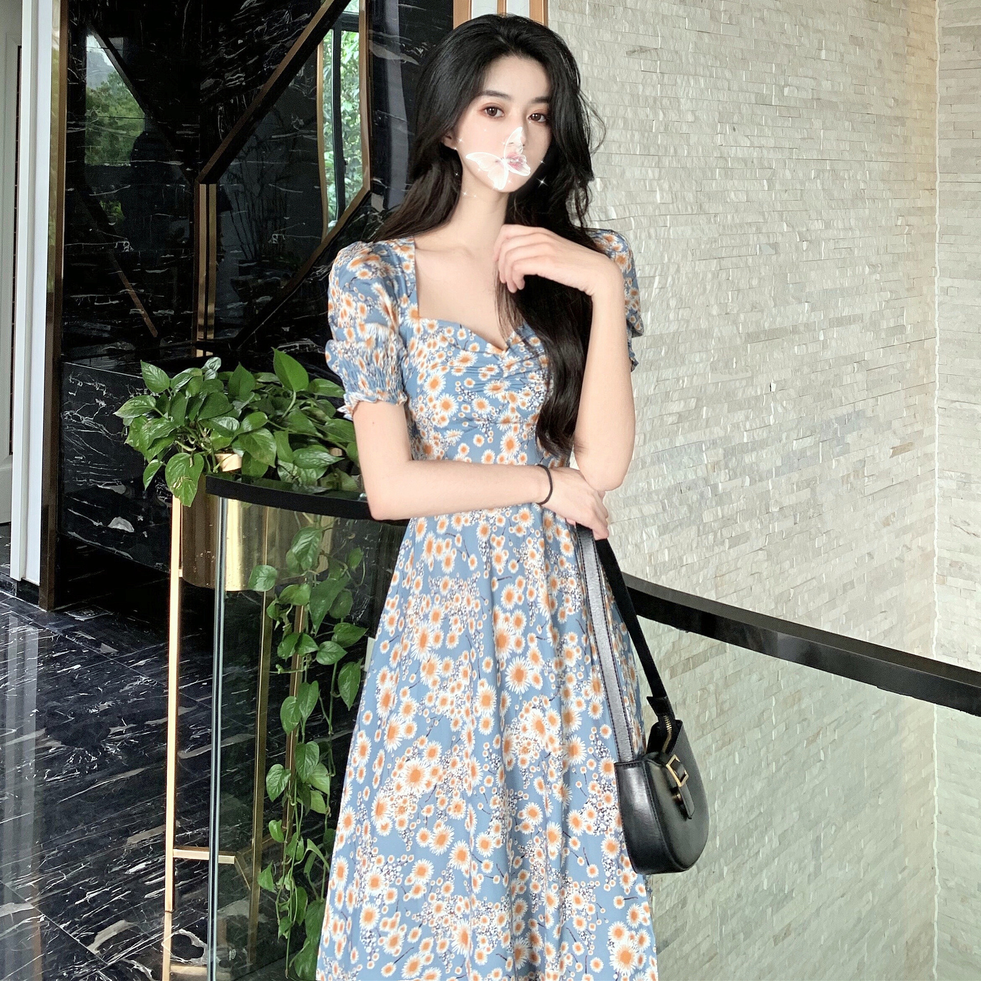 夏装2021新款法式桔梗收腰显瘦褶皱小雏菊连衣裙可甜可盐仙女裙