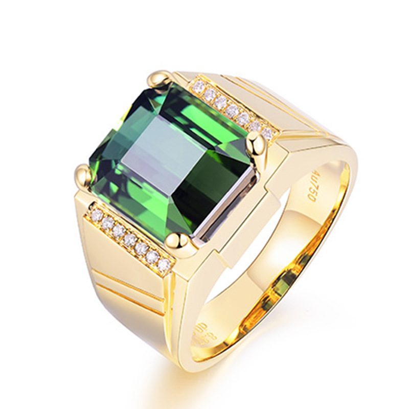 新款霸气绿宝石男戒指 镀24k黄金色镶嵌正方形祖母绿钻开口戒指环