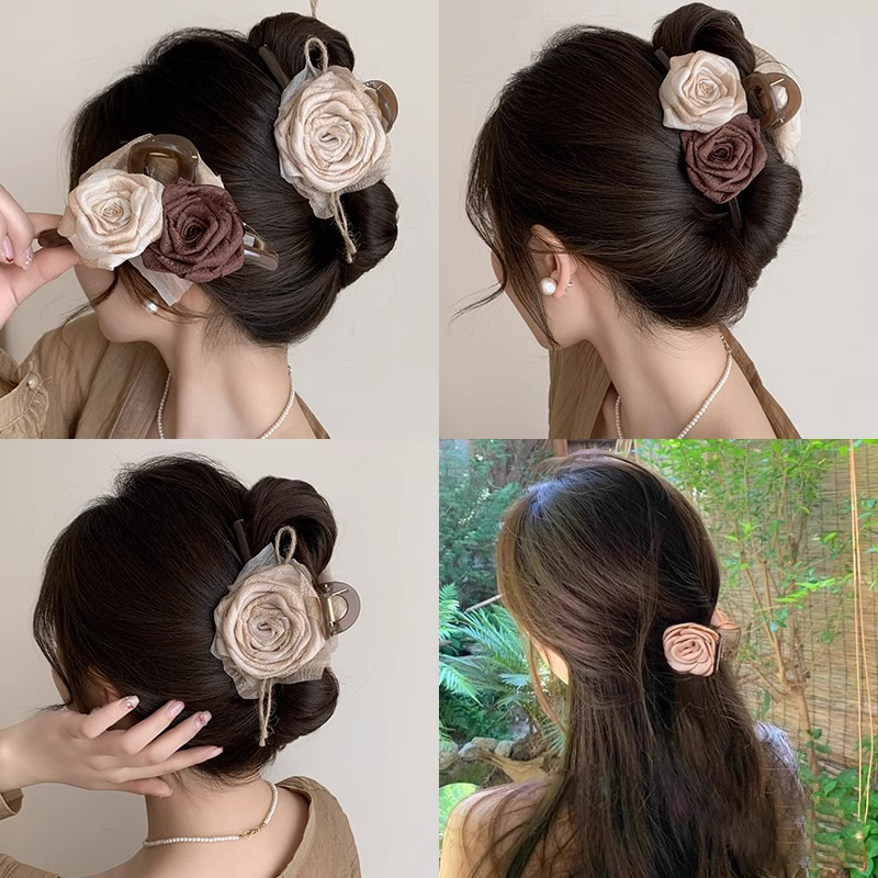 干枯玫瑰花朵抓夹女大号后脑勺鲨鱼夹子古风盘发发夹头饰发抓发卡