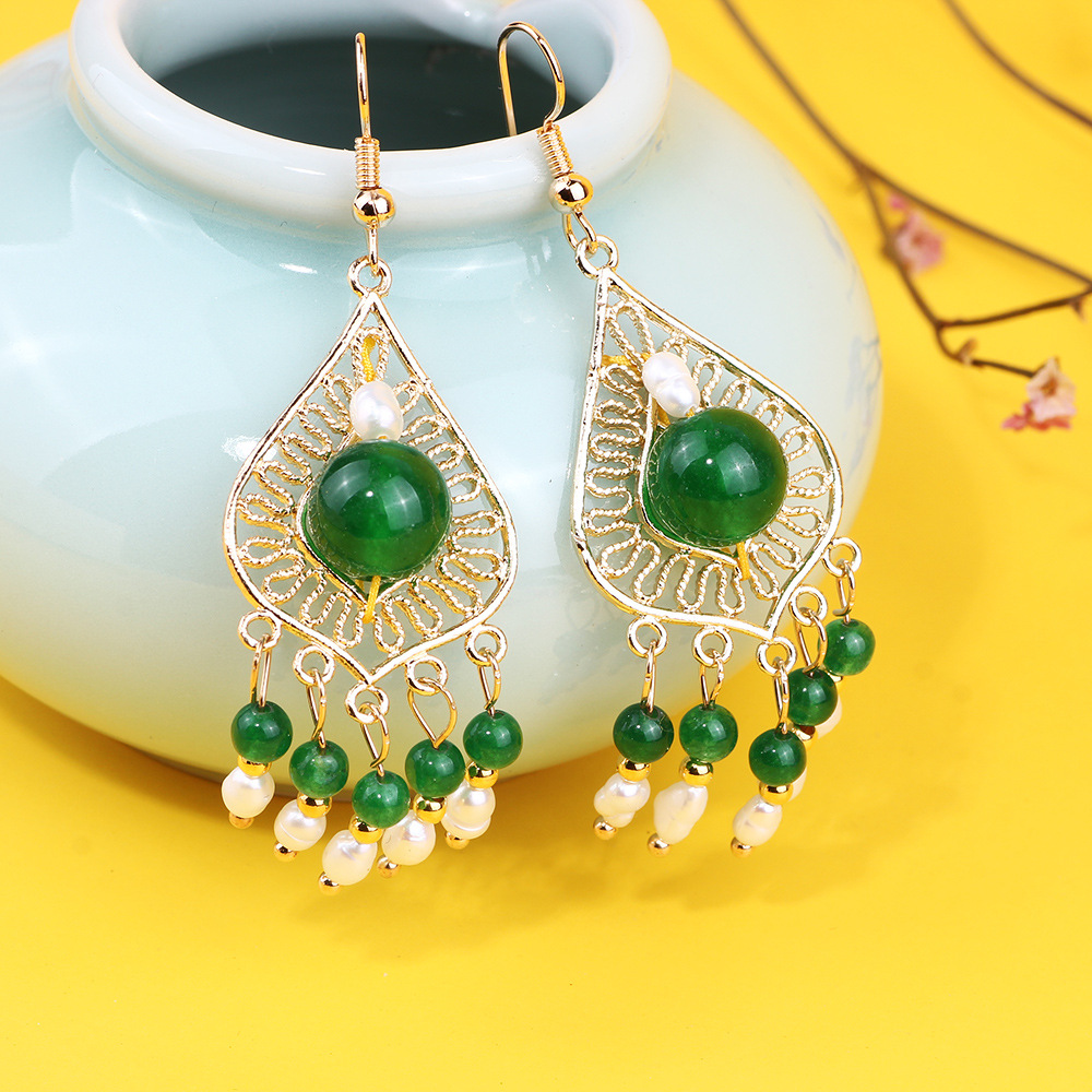 天然玉石玛瑙耳坠长款珍珠流苏耳环中国风古装耳饰无耳洞耳夹 女