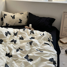 ins简约黑色蝴蝶床上四件套床单床笠被单被罩床品三件套
