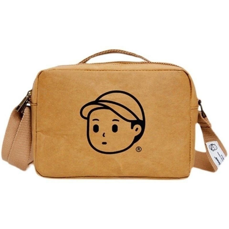 finebworld可湿防水牛皮纸邮差包手提斜挎方包拉链帆布休闲情侣包