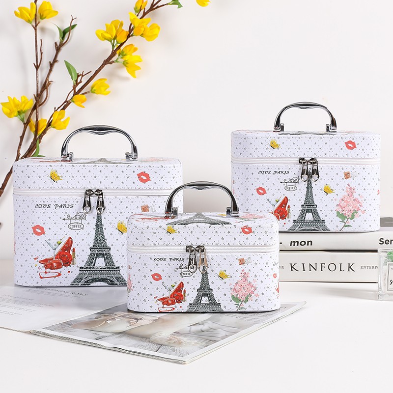 Three-Piece Set Handle White Cosmetic Bag Flap Bag Zipper Flower Vertical Model in Square Shape Storage Cosmetic Case