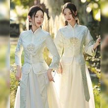 中式伴娘服长袖2024春夏新款高级婚礼伴娘团姐妹裙中国风姐妹礼服