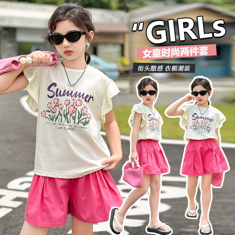 2024夏季新款女童套装夏装中大童休闲小飞袖花朵印花短裤时髦套装
