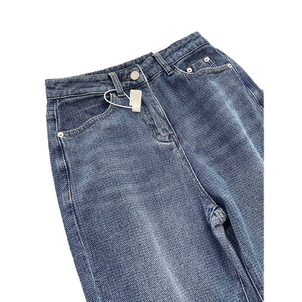 American Retro Blue Straight Jeans Women's Spring and Autumn Design Sense Niche High Waist Loose Wide Legs Mop Pants