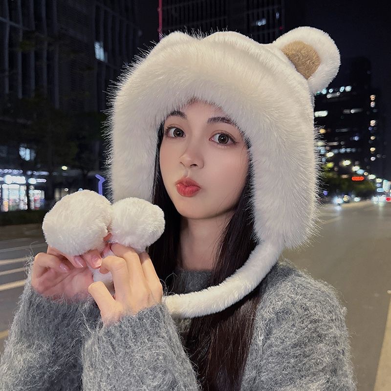 cute bear plush hat women‘s fashion autumn and winter warm beanie hat women‘s winter riding winter hat ushanka manufacturer