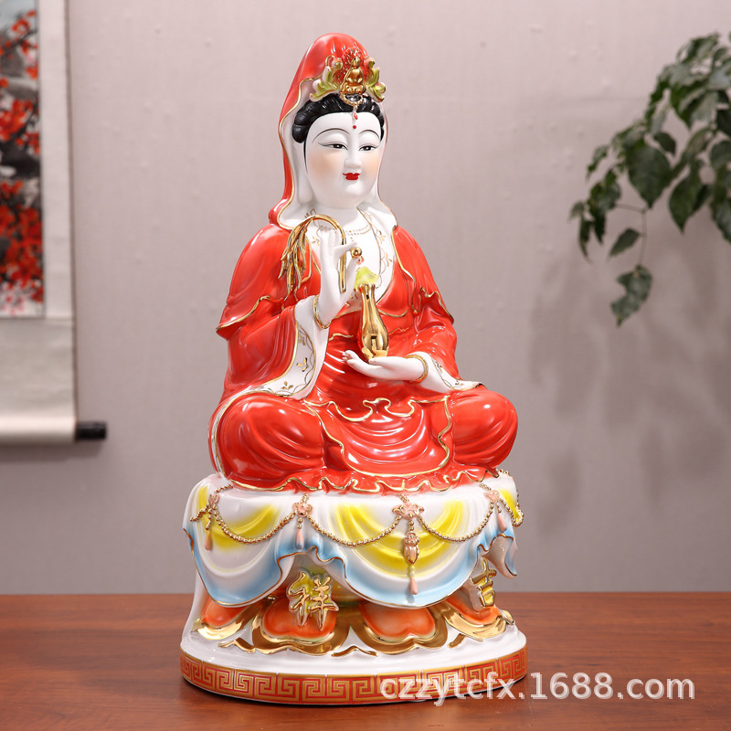 坐莲观音菩萨合家平安南海观世音佛像供奉家用吉祥镇宅陶瓷摆件