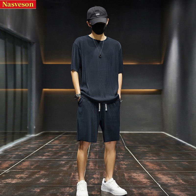 Trendy Sports Suit Men's Summer Light Business Men's Short-Sleeved Casual Suit Ice Silk Quick-Drying Thin Shorts Suit Men