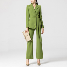 2024春季新款时尚职业套装气质修身显瘦正装喇叭裤绿色两件套套装