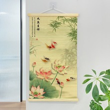 新中式客厅背景墙装饰画花卉玄关荷花茶室挂画印花竹子卷帘挂画