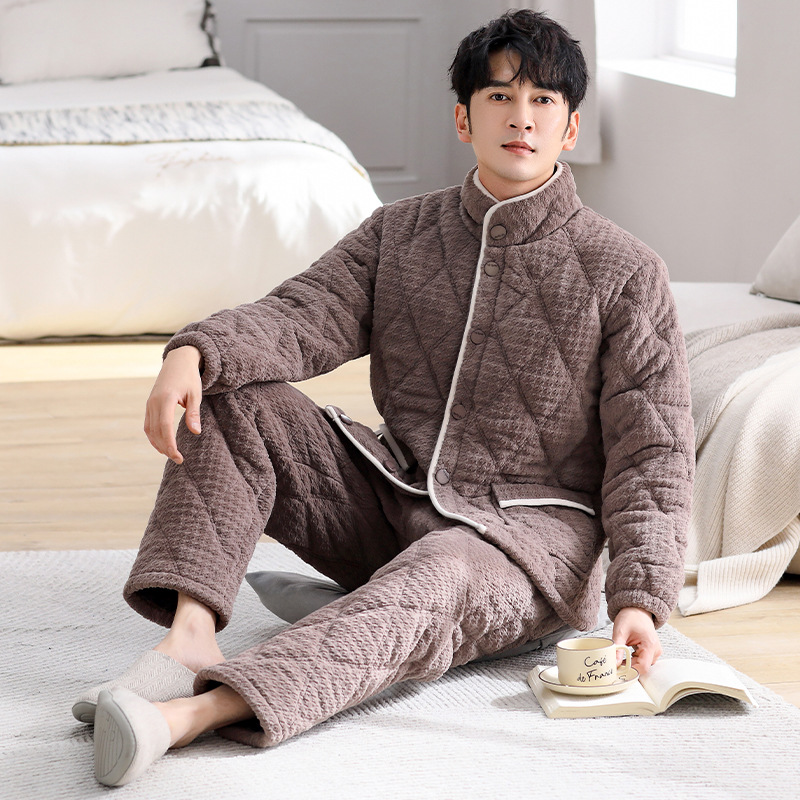 睡衣男秋冬季加厚加绒珊瑚绒三层夹棉袄保暖冬款男士法兰绒家居服