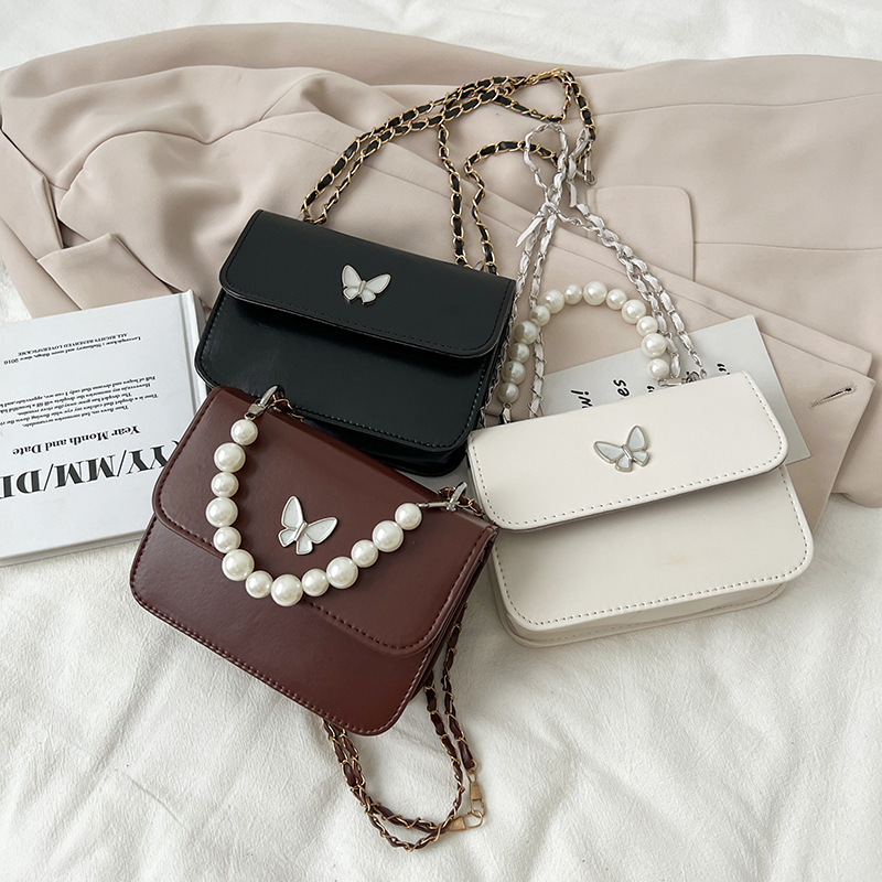 Cross-Border Fashion Shoulder Bag 2022 New Street Trend Butterfly Chain Bag Vintage Pearl Pu Women's Small Square Bag