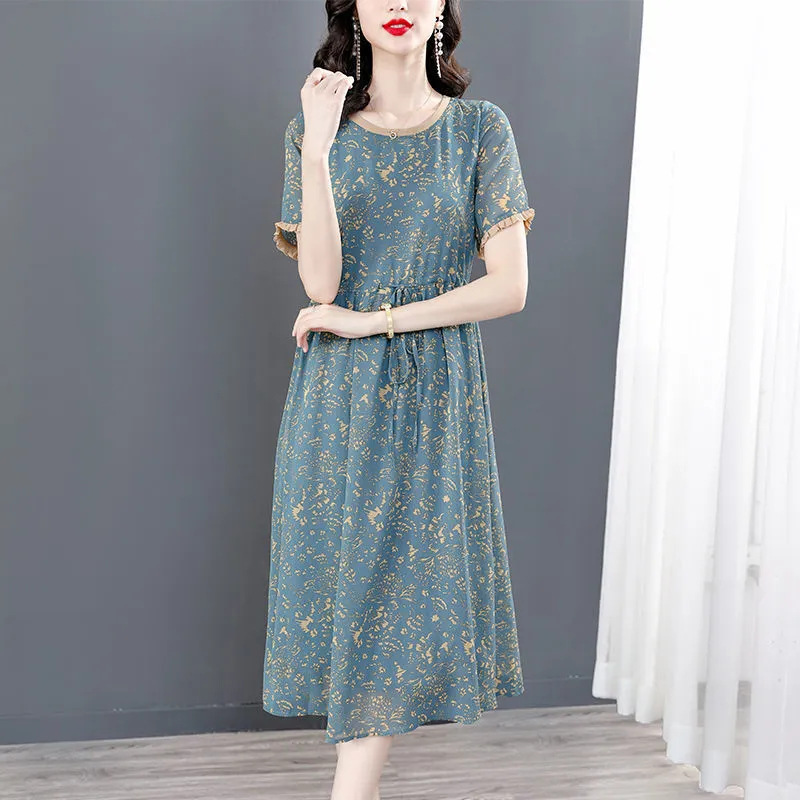 Mother's Light Luxury Dress plus Size Lace up Waist-Tight Temperament Slimming Youthful-Looking Printed Overknee Skirt 2023 Summer New