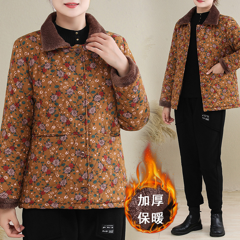 中老年人妈妈加绒加厚小棉衣外套奶奶装秋冬大码短款棉服碎花棉袄