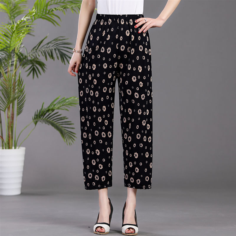 Summer Factory Direct Sales Cool Ice Silk Women's Pants Ice Silk Women's Flower Pants Cropped Flower Pants Middle-Aged and Elderly Casual Pants