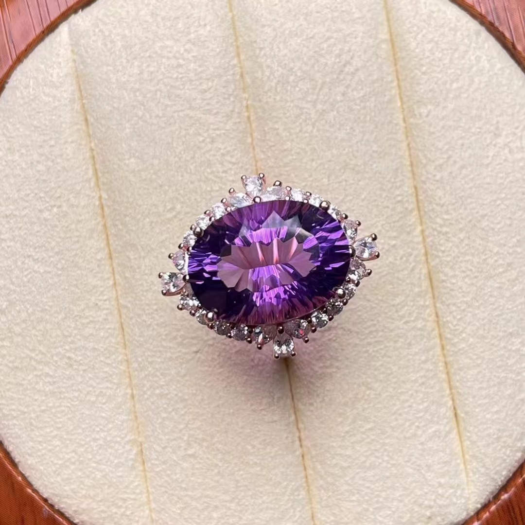 天然巴西紫水晶千禧切工 12*16蛋形戒指女s925银镶嵌,晶体通透