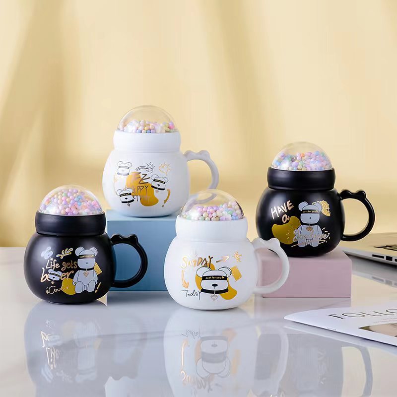 Cross-Border Cartoon Bear Ceramic Mirror Cup with Lid Cute Girl Couple Water Cup Opening Event Gift Mug