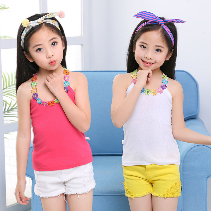 女童纯棉背心y字吊带夏季背心宝宝打底衫内衣糖果色花朵领百搭潮