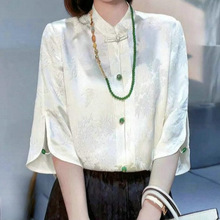 新中式轻国风上衣女短袖夏装醋酸提花衬衫立领盘扣衬衣改良版潮流