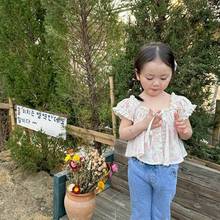 复古法式衬衫女童小女孩洋气小衫夏天碎花上衣女宝可爱娃娃衫短袖