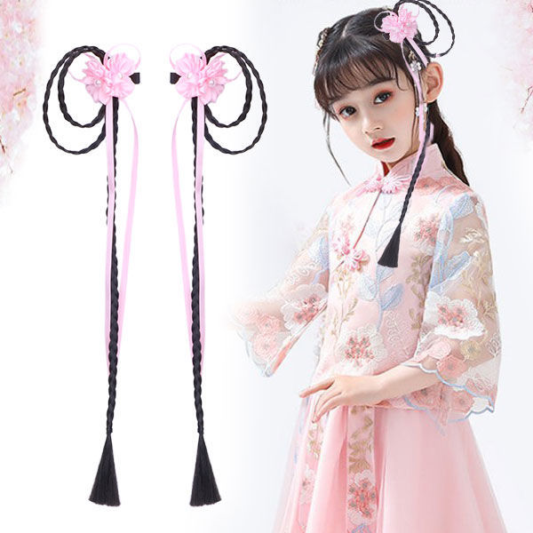 儿童汉服古装假发长辫子花朵流苏发夹小公主仙女发饰宝宝对夹头花