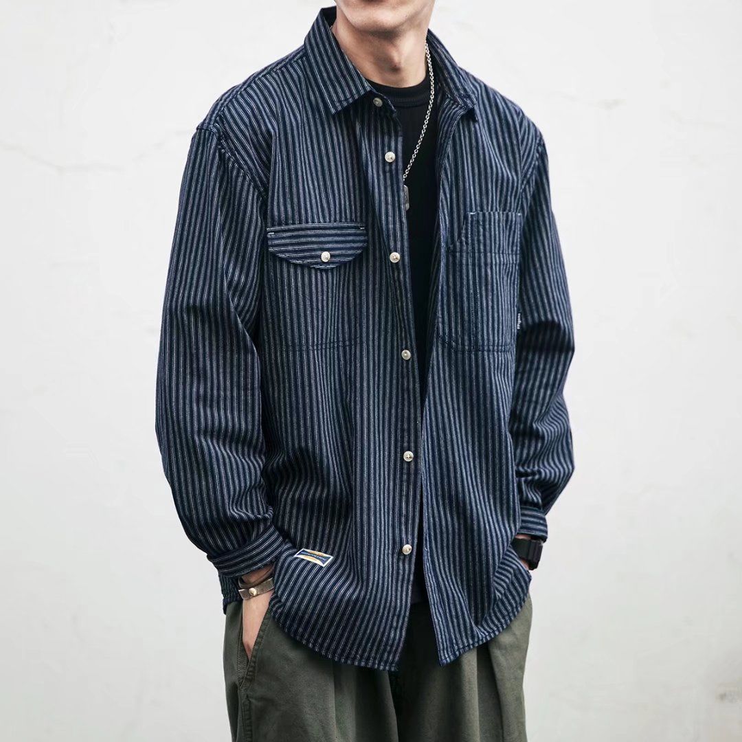 morata tolkien牛仔条纹衬衫男长袖韩版帅气休闲宽松工装衬衣-报价