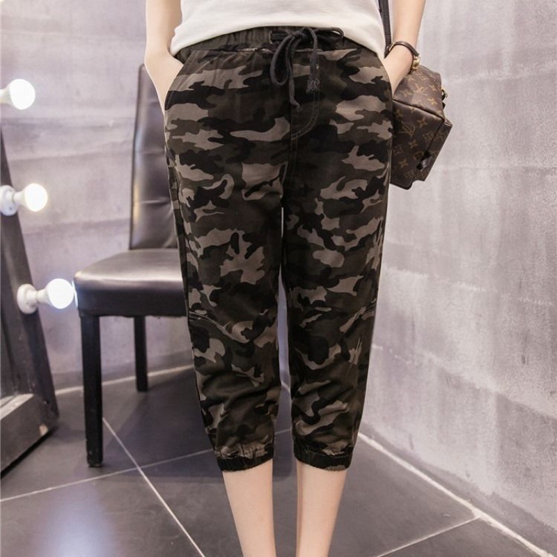 迷彩裤女七分裤夏装新款女装潮款松紧腰显瘦棉裤