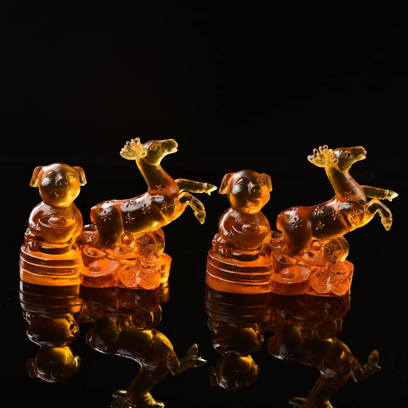 易明开居2021年属兔灵葫双犬乾鹿联猪琉璃摆件生肖兔风水吉祥物