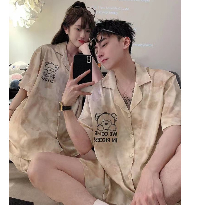 Bear Ice Silk Couple Pajamas Pajama Pants Suit Summer Thin Short-Sleeved Net Red Wind Men's and Women's Artificial Silk Home Wear