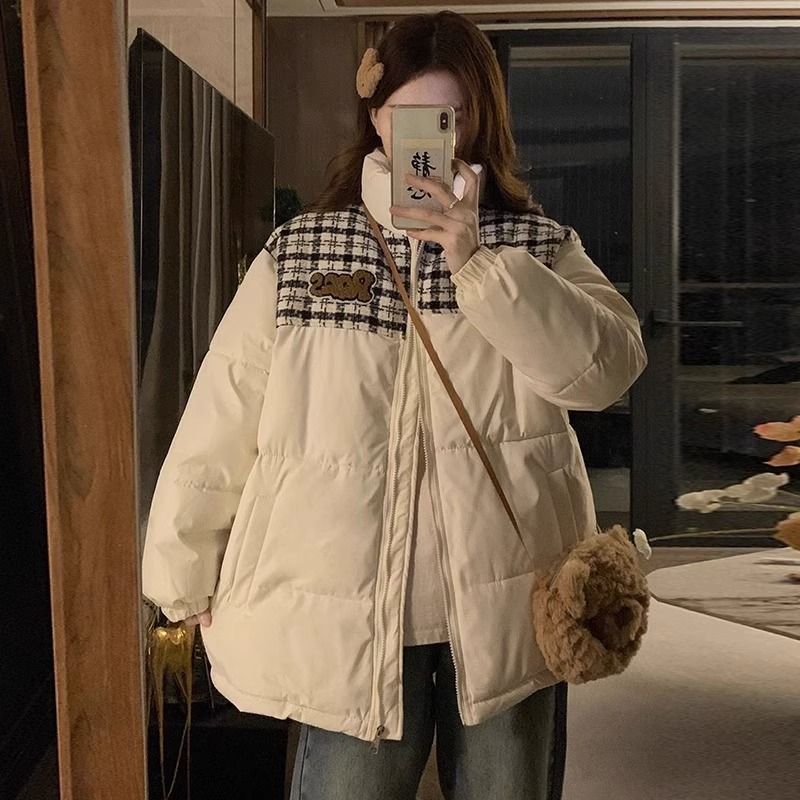 格子拼接加厚棉衣棉服女大码胖mm美拉德冬季学生面包服情侣外套女