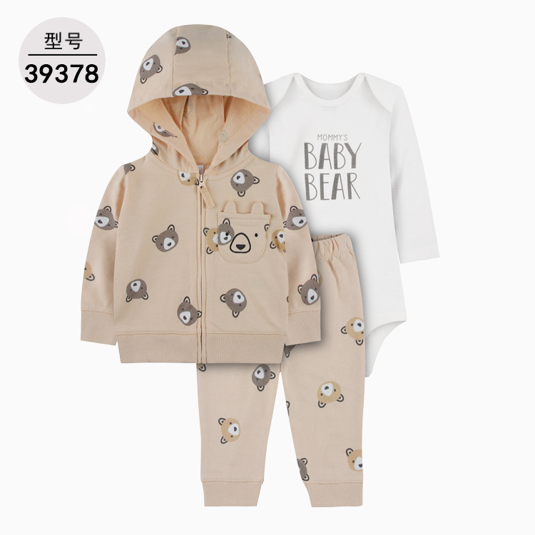 Spring and Autumn European and American Fashion Male and Female Baby Foreign Trade Hooded Long Sleeve Coat Onesie Three-Piece Suit One Piece Dropshipping