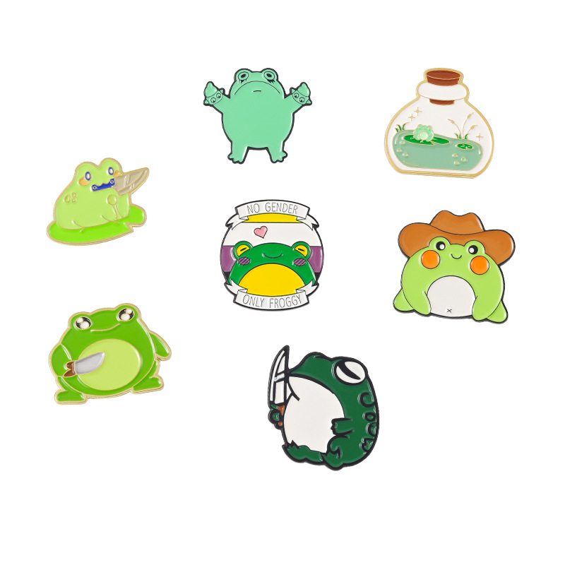European and American Cartoon Animal Ka AI Brooch Frog Bottle Golden M Badge Electroplating Pin Frog Green with Knife