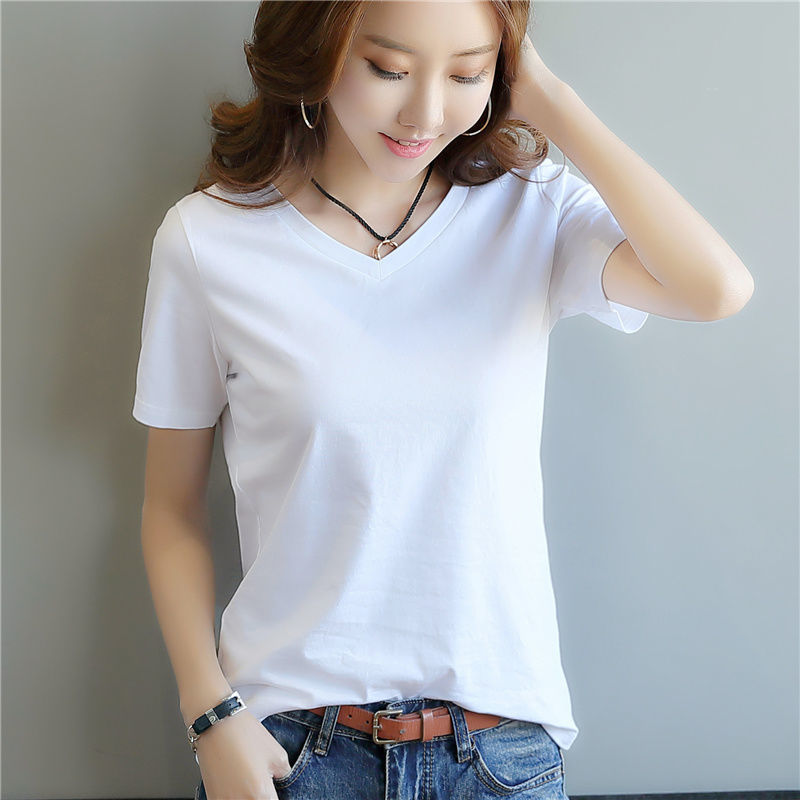 2022夏季新款短袖t恤女棉质v领宽松白色t恤女半袖体恤内搭打底衫