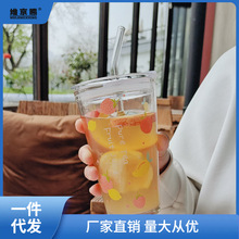 玻璃杯吸管便携水杯风果汁奶茶带盖喝水透明可爱女牛奶杯子厂批发