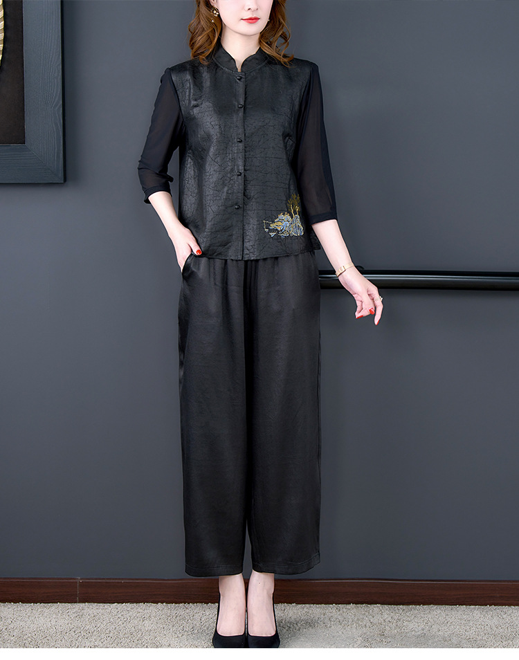 香云纱真丝套装女2022年春季新款气质高端中国风复古衬衫裤子套装
