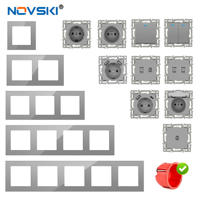 欧标86型联体德式法式灰色玻璃面板墙壁开关插座功能模块组合外贸